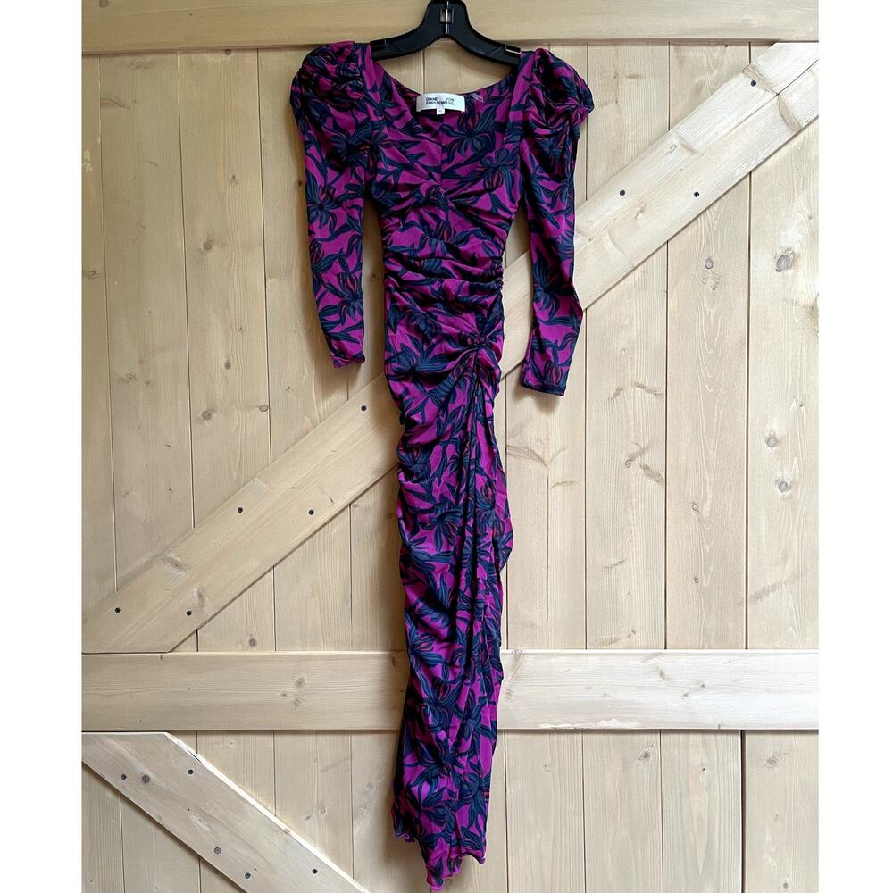 DVF Diane Von Furstenberg Printed Midi Stretchy Dress Orchids Aster Size XS - Picture 3 of 7